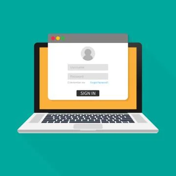 Login page on laptop screen. Notebook and online login form, sign in page. Us Stock Illustration