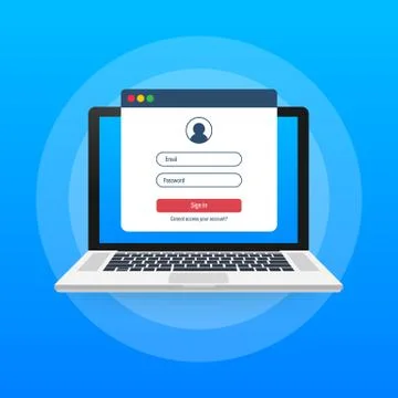 Login page on laptop screen. Notebook and online login form, sign in page. Us Stock Illustration