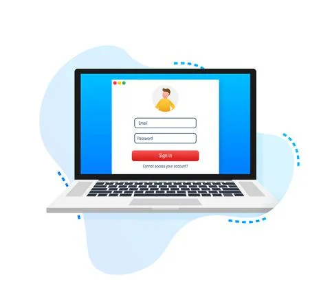 Login page on laptop screen. Notebook and online login form, sign in page. User Stock Illustration