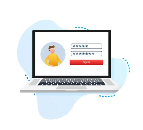Login page on laptop screen. Notebook and online login form, sign in page. User Stock Illustration