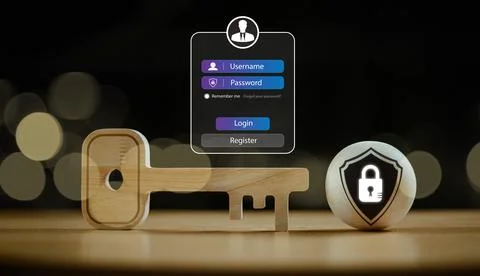 Login password web security system, wooden key background. User login email p Stock Photos