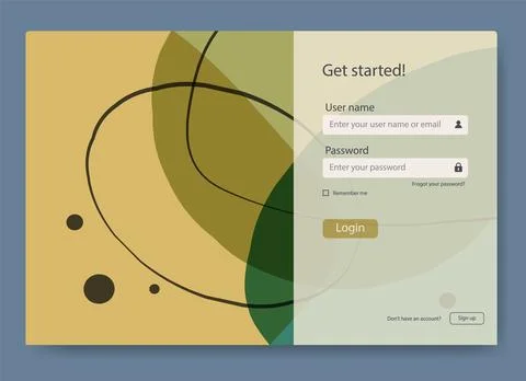 Login screen form and user interface template. Online registration and sign.. Illustrazione stock