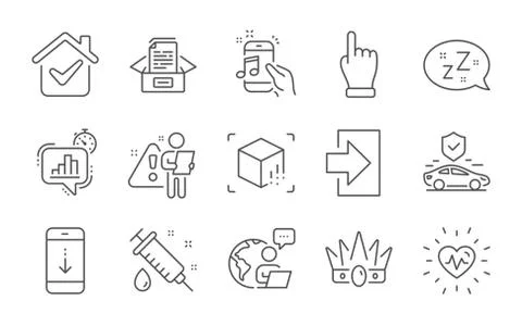 Login, Statistics timer and Crown icons set. Documents box, Click hand and Illustrazione stock