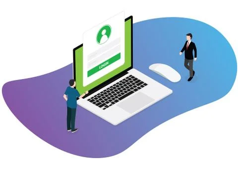 Login technology website two business man standing near laptop with form vect Stock Illustration