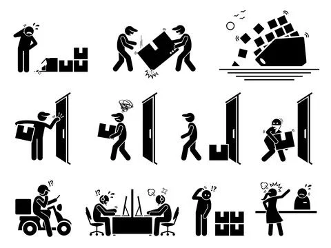 Logistic and shipping problem icons set. Vector illustrations of courier serv Stock Illustration