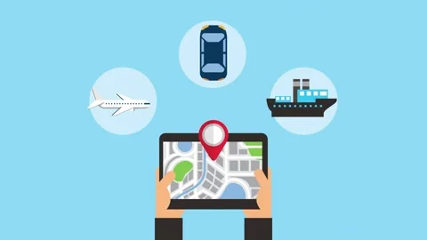 Logistic app animation showing tablet with map and transportation icons for.. Stock Footage 334265204