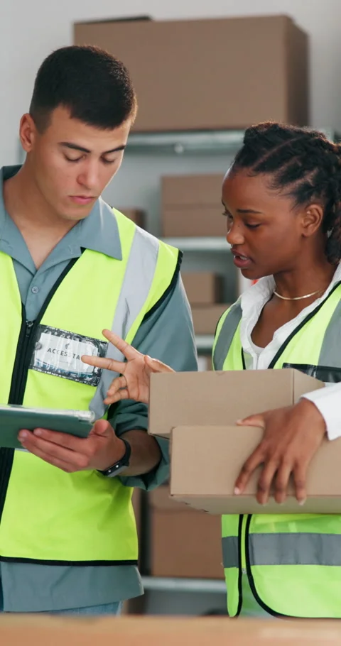 Logistic, boxes or people in depot with tablet, package check or stock control Stock Footage 334314358