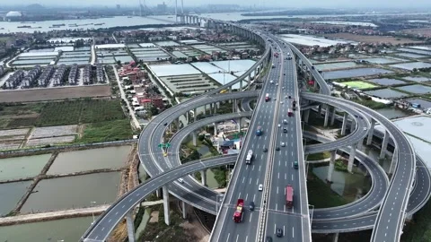 Logistic bridge overpass. Cargo car drive transport interchange. Road traffic. Stock Footage 306373674