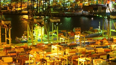 Logistic cargo container in shipping yard with cargo container stack in Vídeo Stock 104322743