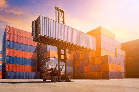 Logistic cargo container in shipping yard Stock Photos