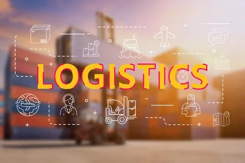 Logistic cargo container in shipping yard with Logistic outline icon Stock Photos
