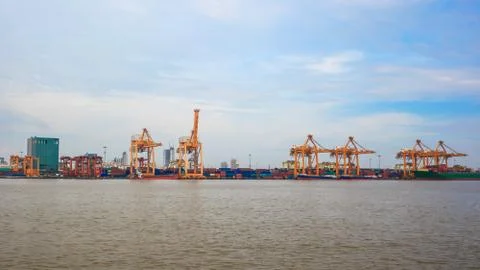 Logistic concept, container cargo ship transport import export in harbor and  Stock Photos