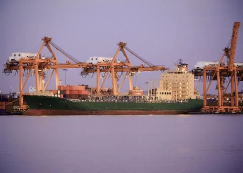 Logistic concept, container cargo ship transport import export in harbor and  Stock Photos