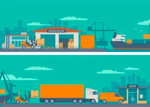 Logistic concept flat banner production process from factory to shop Illustrazione stock