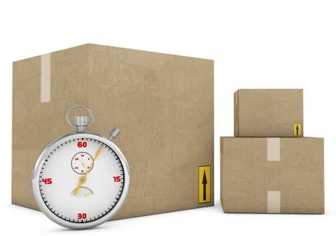 Logistic concept. Stopwatch and box on a white background Stock Illustration