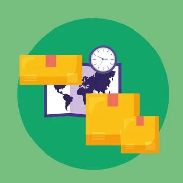 Logistic delivery service with paper map and boxes Stock Illustration