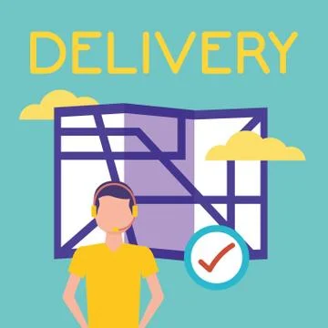 Logistic delivery service with paper map and courier Stock Illustration