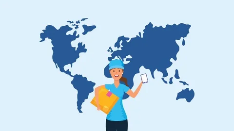 Logistic female worker with box and world map Stock Footage 128471969