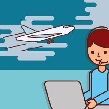 Logistic operator working laptop plane flying イラスト素材