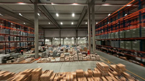 Logistic park. Aerial FPV flight inside modern huge retail warehouse storehouse Stock Footage 165416658