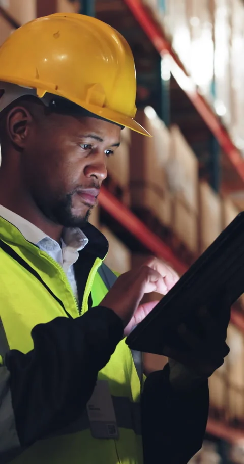 Logistic, review or black man in warehouse with tablet, order track or inventory Stock Footage 334019677