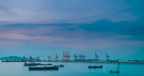 Logistic shipping quay boat Engineering crane depot at logistic export terminal Stock Footage 277616499