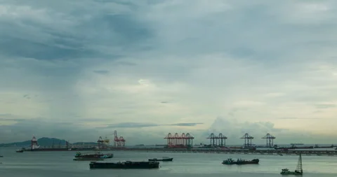 Logistic shipping quay boat Engineering crane depot at logistic export terminal Stock Footage 277616512