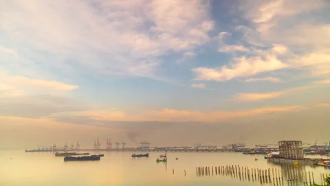 Logistic shipping quay boat Engineering crane depot at logistic export terminal Stock Footage 277616916