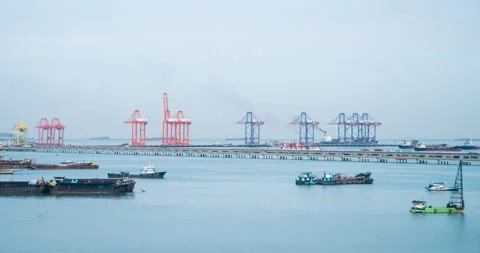 Logistic shipping quay boat Engineering crane depot at logistic export terminal Stock Footage 277616948