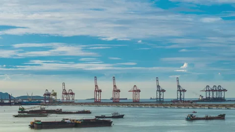 Logistic shipping quay boat Engineering crane depot at logistic export terminal Stock Footage 277617167