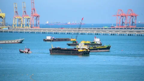 Logistic shipping quay boat Engineering crane depot at logistic export terminal  Stock Footage 291601241