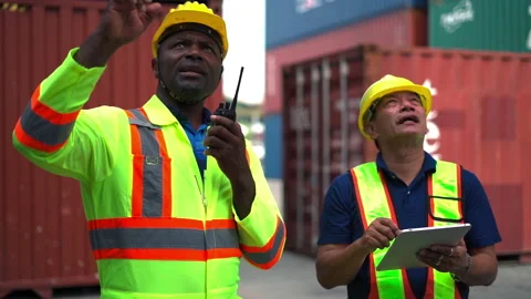 Logistic staff survey load container for shipping plan in Logistic area company. Stock Footage 233284578