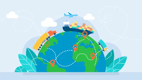 Logistic transport import-export cargo globe design with truck, plane, and ship Stock Footage 234915762