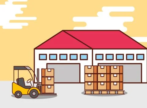 Logistic warehouse cardboard boxes and forklift machine Illustrazione stock