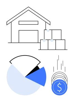 Logistic warehouse, pie chart, and falling coins emphasize the importance o.. Stockillustratie