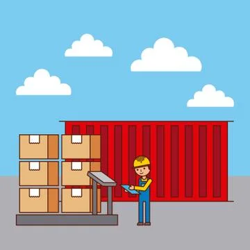 Logistic worker and container cradboard boxes on scale weight Stockillustratie