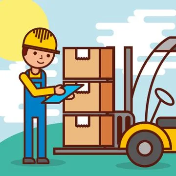 Logistic worker and forklift loading boxes Stockillustratie