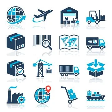 Logistics and delivery icons set with globe, airplane, warehouse, forklift,.. 库存插图