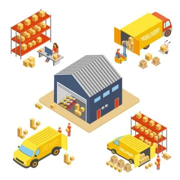 Logistics and delivery isometric concept set with warehouse building, workers Ilustración de archivo