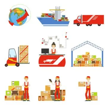 Logistics And Delivery Process And Managers Set Stock Illustration
