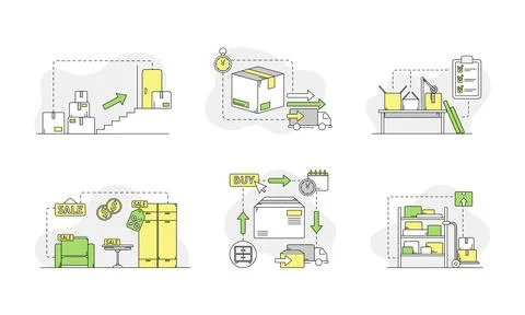 Logistics and delivery service set. Warehouse center objects. Packaging Stock Illustration