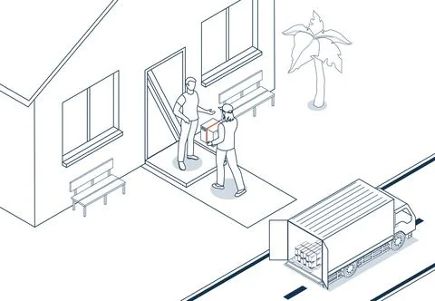 Logistics and Delivery services concept with People delivering a box to a c.. Stock Illustration