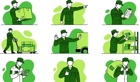 Logistics and Delivery Worker Illustrations Set. Stock Illustration