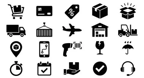 Logistics and e-commerce icons set featuring flat vector illustrations for .. Stock Illustration