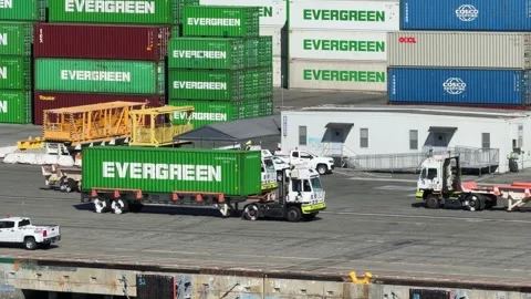 Logistics and global trade concept, trailer truck moving shipping container in Stock Footage 347073427