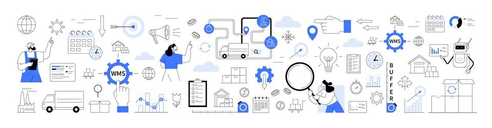 Logistics and supply chain vector illustrating optimization, forecasting, w.. 스톡 일러스트