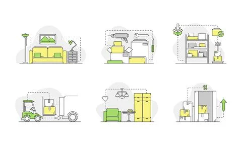 Logistics and transportation concept. Packaging, processing, storage linear Stock Illustration