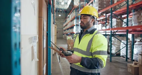 Logistics, barcode scanner and warehouse worker with radio, inventory checklist Stock Footage 335792129