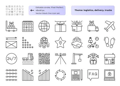 Logistics black line icon set Stock Illustration