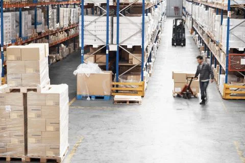 Logistics, box and pallet jack with people in warehouse for distribution Stock Photos